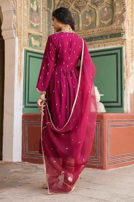 Shop_Label Niti Bothra_Wine Silk Embroidery V-neck Zari Angarkha Anarkali And Pant Set _at_Aza_Fashions