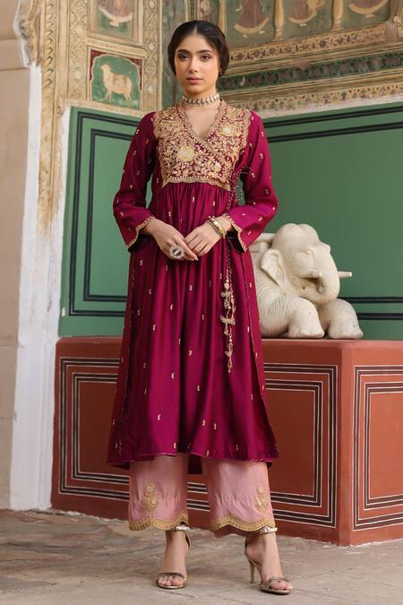 Label Niti Bothra_Wine Silk Embroidery V-neck Zari Angarkha Anarkali And Pant Set _Online_at_Aza_Fashions