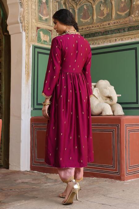 Buy_Label Niti Bothra_Wine Silk Embroidery V-neck Zari Angarkha Anarkali And Pant Set _Online_at_Aza_Fashions
