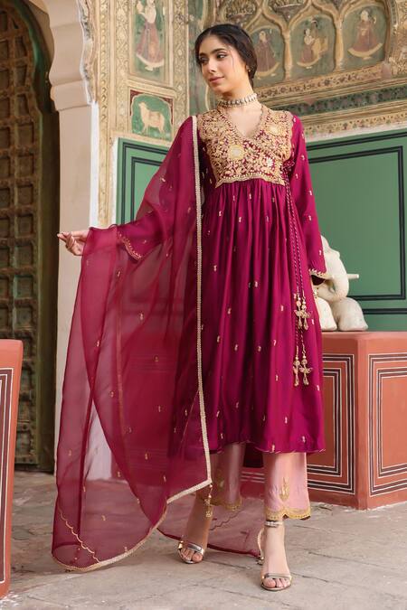 Shop_Label Niti Bothra_Wine Silk Embroidery V-neck Zari Angarkha Anarkali And Pant Set _Online_at_Aza_Fashions