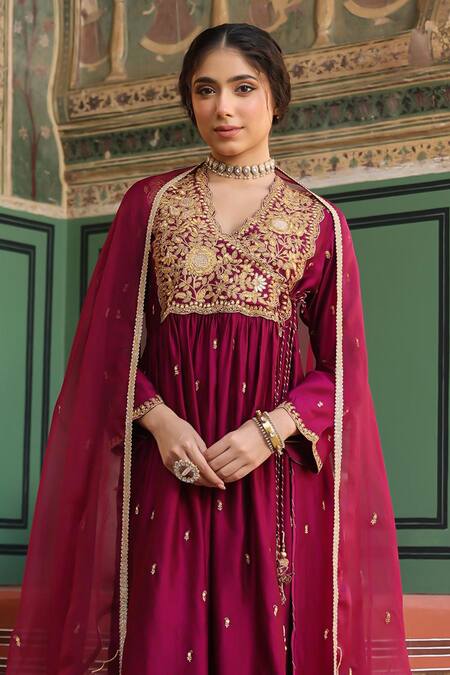 Buy Label Niti Bothra Wine Silk Embroidery V-neck Zari Angarkha Anarkali And Pant Set Buy_Label Niti Bothra_Wine Silk Embroidery V-neck Zari Angarkha Anarkali And Pant Set