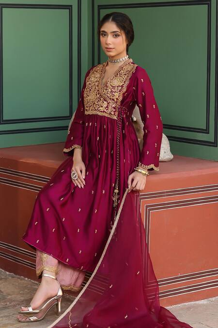 Shop_Label Niti Bothra_Wine Silk Embroidery V-neck Zari Angarkha Anarkali And Pant Set 