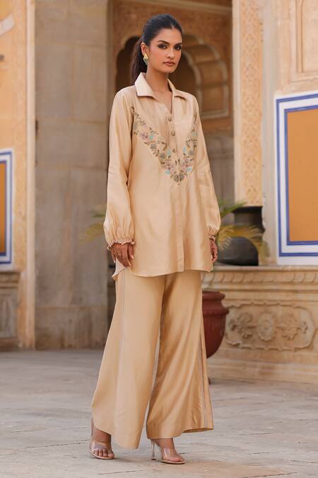 Shop_Label Niti Bothra_Ivory Pure Cotton, Silk Embroidery Collared Pintucked Shirt And Pant Set _Online_at_Aza_Fashions