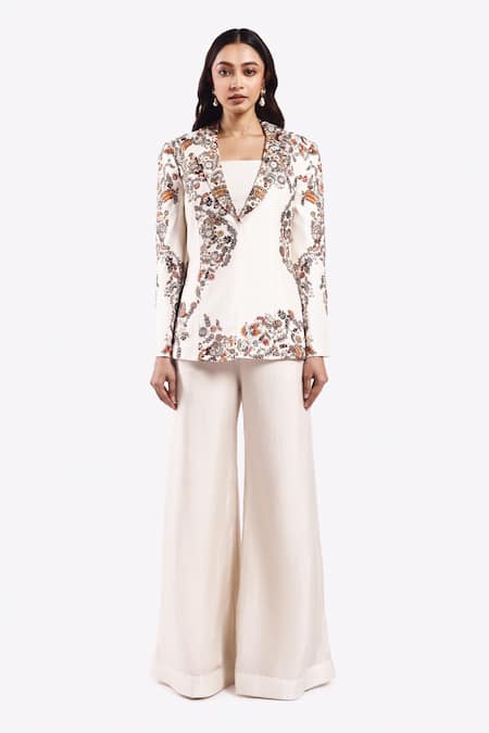 Onaya Off White Silk Embroidered Bead Jacket Floral Vine Pattern Flared Pant Set 