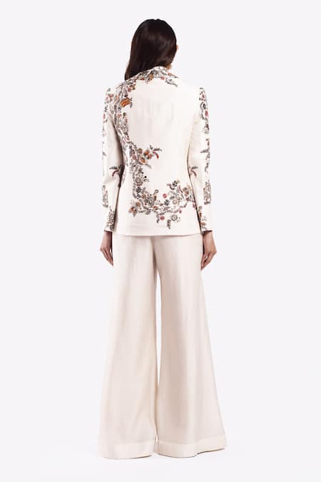 Onaya Silk Floral Vine Pattern Jacket Flared Pant Set 
