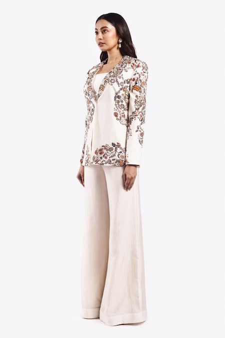 Onaya_Off White Silk Sequins, Beads, Floral Vine Pattern Jacket Flared Pant Set _Online_at_Aza_Fashions