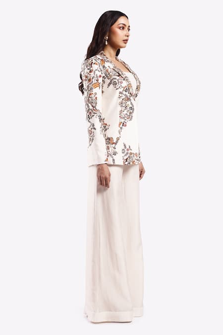 Buy_Onaya_Off White Silk Sequins, Beads, Floral Vine Pattern Jacket Flared Pant Set _Online_at_Aza_Fashions