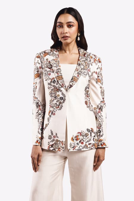 Shop_Onaya_Off White Silk Sequins, Beads, Floral Vine Pattern Jacket Flared Pant Set _Online_at_Aza_Fashions