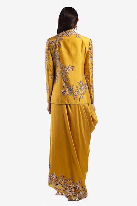 Onaya Silk Floral Vine Pattern Jacket Draped Skirt Set 