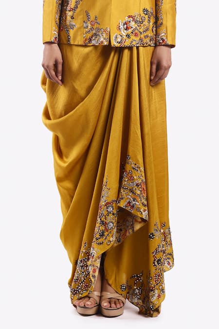 Onaya Yellow Silk Beads, Sequins V-neck, Floral Vine Pattern Jacket Draped Skirt Set Online at Aza Fashions Onaya_Yellow Silk Beads, Sequins V-neck, Floral Vine Pattern Jacket Draped Skirt Set _Online_at_Aza_Fashions