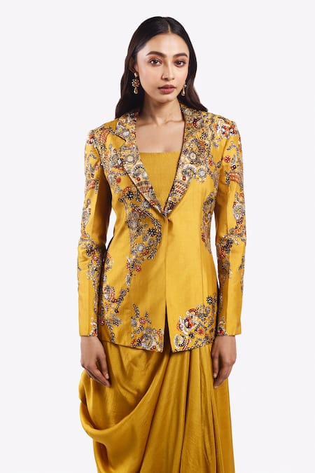 Buy Onaya Yellow Silk Beads, Sequins V-neck, Floral Vine Pattern Jacket Draped Skirt Set Online at Aza Fashions Buy_Onaya_Yellow Silk Beads, Sequins V-neck, Floral Vine Pattern Jacket Draped Skirt Set _Online_at_Aza_Fashions