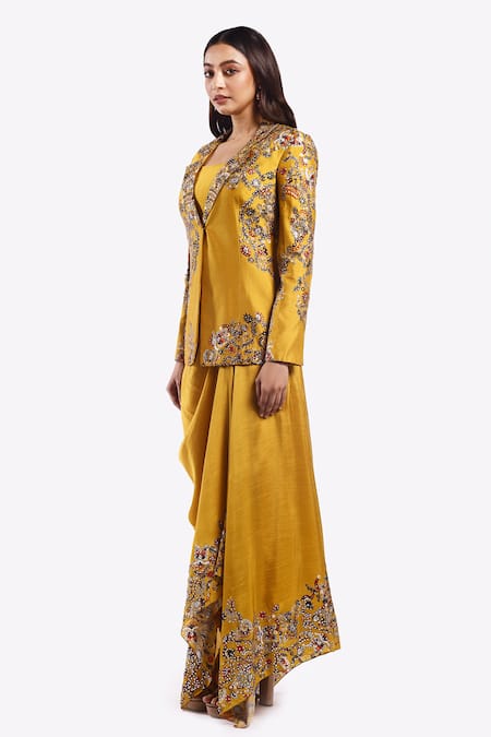 Shop Onaya Yellow Silk Beads, Sequins V-neck, Floral Vine Pattern Jacket Draped Skirt Set Online at Aza Fashions Shop_Onaya_Yellow Silk Beads, Sequins V-neck, Floral Vine Pattern Jacket Draped Skirt Set _Online_at_Aza_Fashions