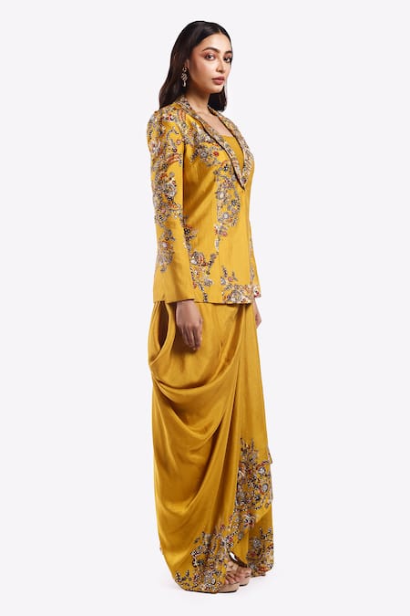 Onaya Yellow Silk Beads, Sequins V-neck, Floral Vine Pattern Jacket Draped Skirt Set at Aza Fashions Onaya_Yellow Silk Beads, Sequins V-neck, Floral Vine Pattern Jacket Draped Skirt Set _at_Aza_Fashions