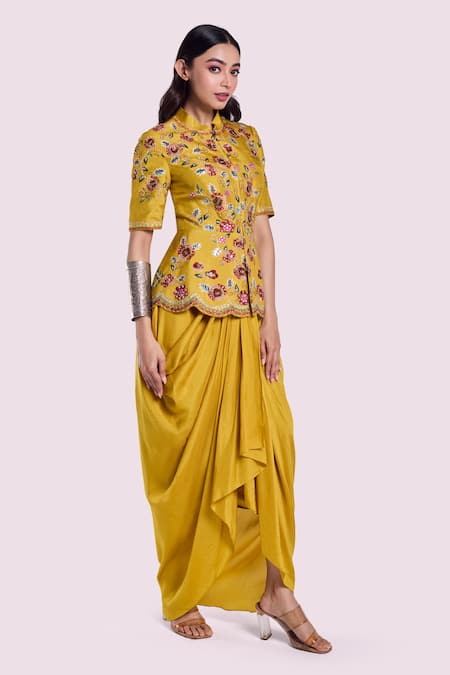 Onaya Yellow Silk Embroidered Cutdana Floral Pattern Peplum Kurta With Draped Skirt 