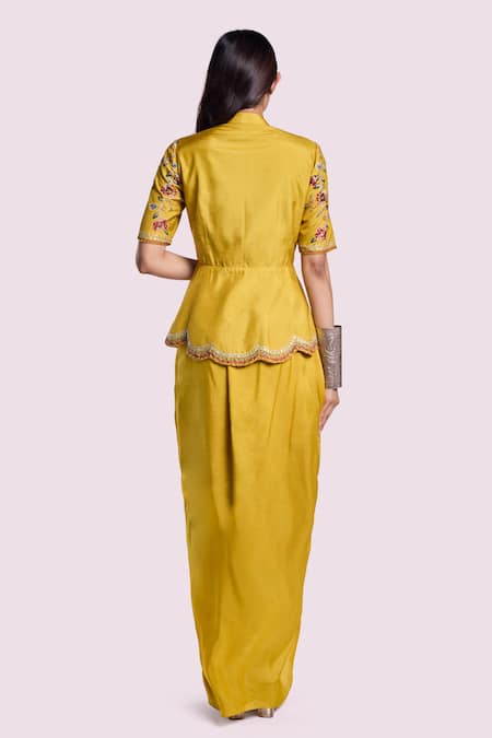 Onaya Silk Floral Pattern Peplum Kurta With Draped Skirt 