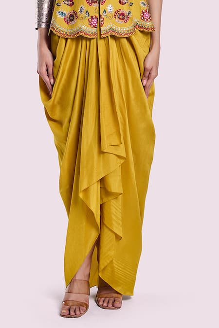 Onaya_Yellow Silk Sequins Mandarin Floral Pattern Peplum Kurta With Draped Skirt _Online_at_Aza_Fashions