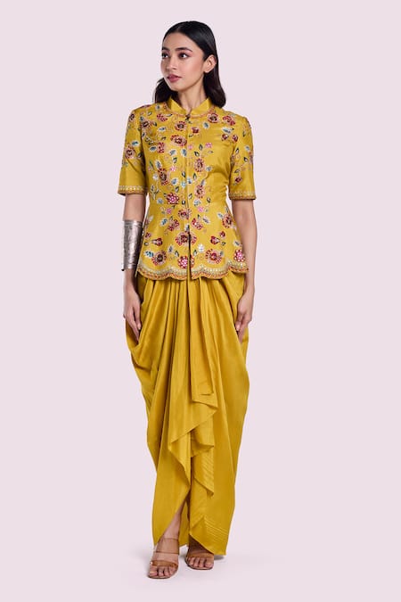 Buy_Onaya_Yellow Silk Sequins Mandarin Floral Pattern Peplum Kurta With Draped Skirt _Online_at_Aza_Fashions