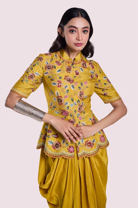 Onaya_Yellow Silk Sequins Mandarin Floral Pattern Peplum Kurta With Draped Skirt _at_Aza_Fashions