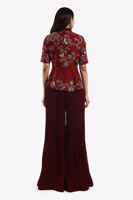 Onaya Metallic Zari Embroidered Peplum Top With Flared Pant 
