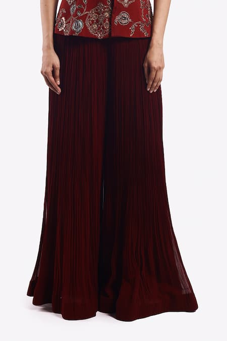 Onaya_Maroon Silk Sequins, Metallic Zari Embroidered Peplum Top With Flared Pant _Online_at_Aza_Fashions