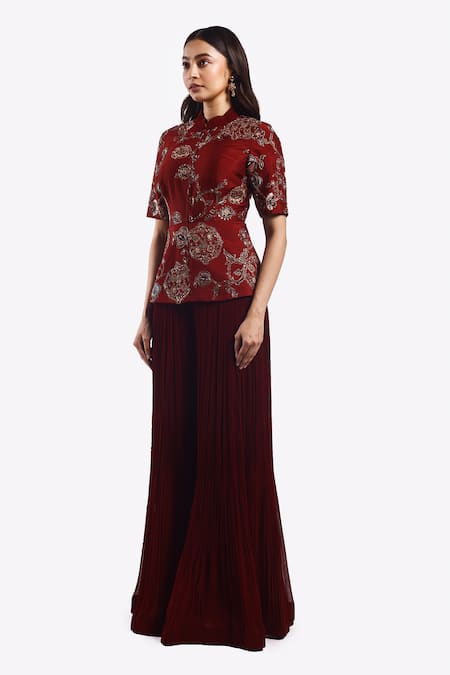 Buy_Onaya_Maroon Silk Sequins, Metallic Zari Embroidered Peplum Top With Flared Pant _Online_at_Aza_Fashions