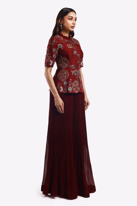 Shop_Onaya_Maroon Silk Sequins, Metallic Zari Embroidered Peplum Top With Flared Pant _Online_at_Aza_Fashions
