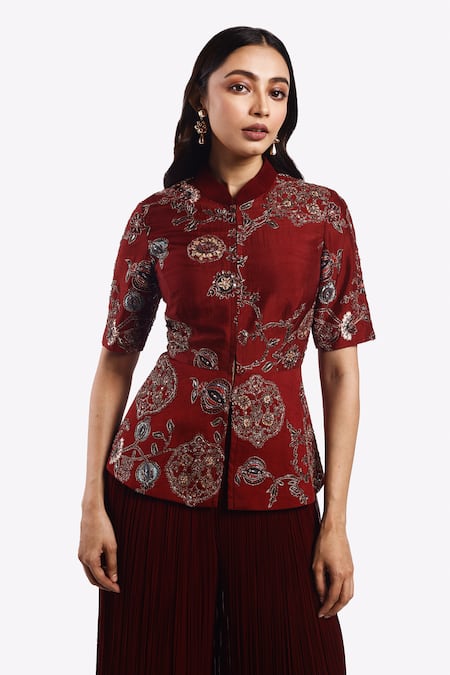 Onaya_Maroon Silk Sequins, Metallic Zari Embroidered Peplum Top With Flared Pant _at_Aza_Fashions