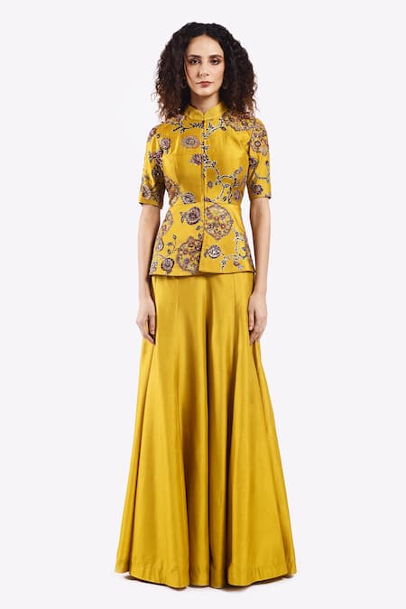 Onaya Yellow Silk Embroidered Cheed Mandarin Thread Zari Peplum Top With Flared Pant 