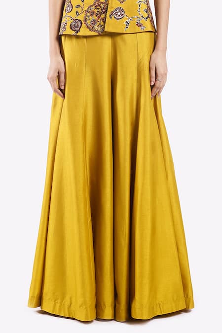 Onaya_Yellow Silk Sequins, Mirrors Thread Zari Embroidered Peplum Top With Flared Pant _Online_at_Aza_Fashions