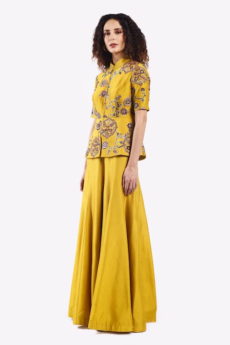Buy_Onaya_Yellow Silk Sequins, Mirrors Thread Zari Embroidered Peplum Top With Flared Pant _Online_at_Aza_Fashions