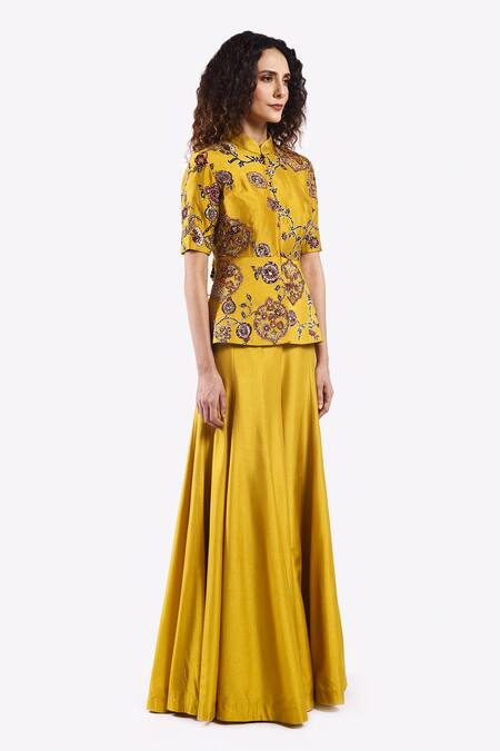 Shop_Onaya_Yellow Silk Sequins, Mirrors Thread Zari Embroidered Peplum Top With Flared Pant _Online_at_Aza_Fashions