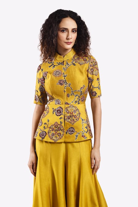 Onaya_Yellow Silk Sequins, Mirrors Thread Zari Embroidered Peplum Top With Flared Pant _at_Aza_Fashions