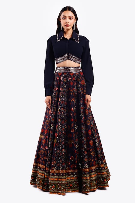 Onaya Blue Georgette Embellished Pipes Shirt Floral Vine Pattern Lehenga With Blouse 