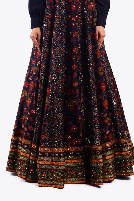 Onaya_Blue Georgette Sequins, Cut Work Shawl Floral Vine Pattern Lehenga With Blouse _Online_at_Aza_Fashions