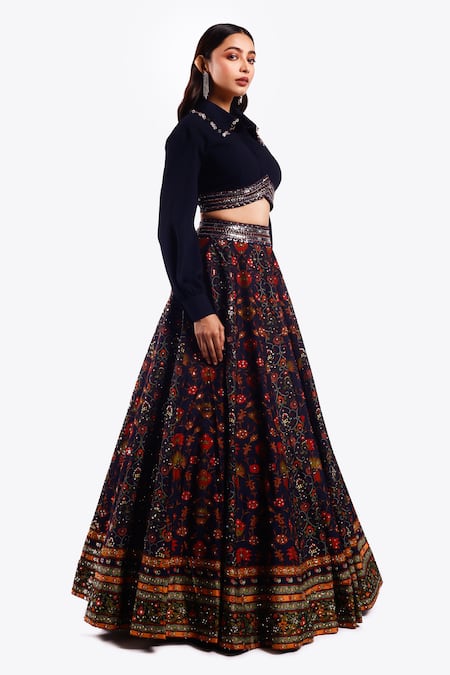 Buy_Onaya_Blue Georgette Sequins, Cut Work Shawl Floral Vine Pattern Lehenga With Blouse _Online_at_Aza_Fashions