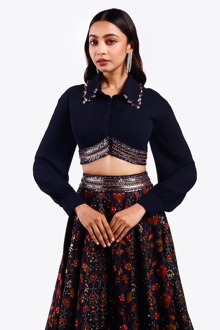 Shop_Onaya_Blue Georgette Sequins, Cut Work Shawl Floral Vine Pattern Lehenga With Blouse _Online_at_Aza_Fashions