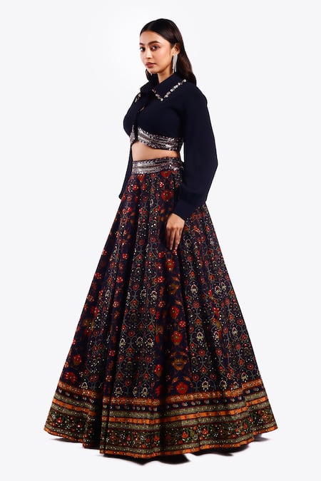 Onaya_Blue Georgette Sequins, Cut Work Shawl Floral Vine Pattern Lehenga With Blouse _at_Aza_Fashions