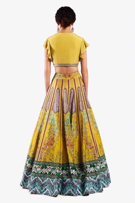 Shop Onaya Yellow Crepe Sequins, Cut Work Floral Geometric Pattern Lehenga With Blouse at Aza Fashions Shop_Onaya_Yellow Crepe Sequins, Cut Work Floral Geometric Pattern Lehenga With Blouse _at_Aza_Fashions