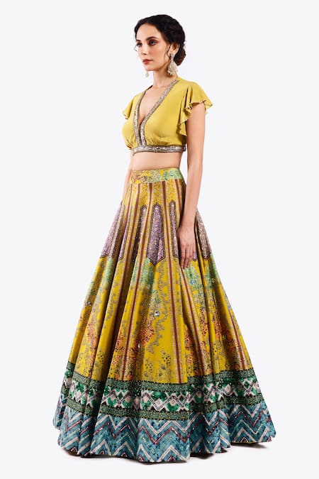 Buy Onaya Yellow Crepe Sequins, Cut Work Floral Geometric Pattern Lehenga With Blouse Online at Aza Fashions Buy_Onaya_Yellow Crepe Sequins, Cut Work Floral Geometric Pattern Lehenga With Blouse _Online_at_Aza_Fashions
