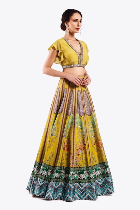 Shop Onaya Yellow Crepe Sequins, Cut Work Floral Geometric Pattern Lehenga With Blouse Online at Aza Fashions Shop_Onaya_Yellow Crepe Sequins, Cut Work Floral Geometric Pattern Lehenga With Blouse _Online_at_Aza_Fashions