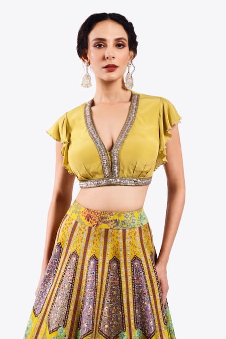Onaya Yellow Crepe Sequins, Cut Work Floral Geometric Pattern Lehenga With Blouse at Aza Fashions Onaya_Yellow Crepe Sequins, Cut Work Floral Geometric Pattern Lehenga With Blouse _at_Aza_Fashions