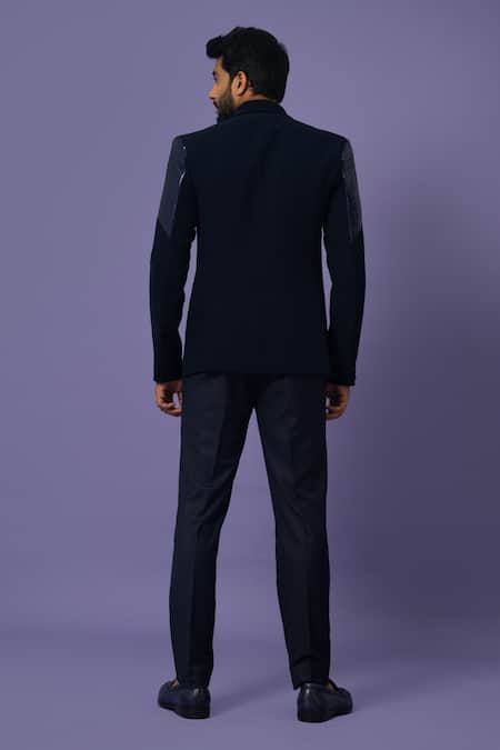 Shop_Yoseba_Blue Cotton, Polyester Embroidery Metallic Stripe Blazer With Pant _at_Aza_Fashions