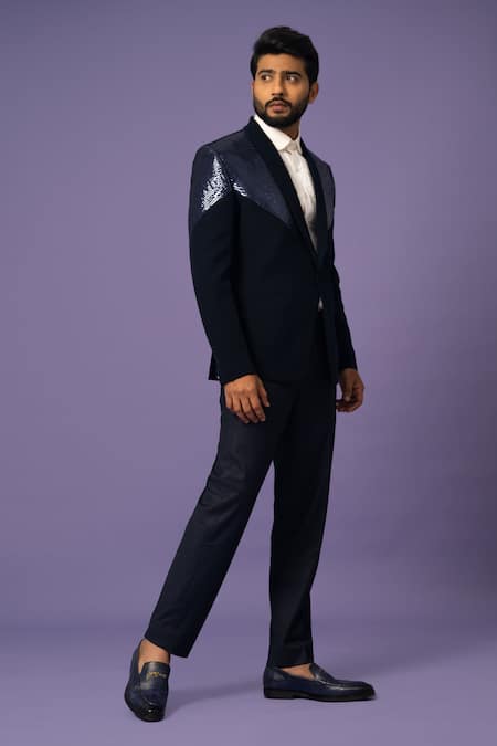 Yoseba_Blue Cotton, Polyester Embroidery Metallic Stripe Blazer With Pant _Online_at_Aza_Fashions