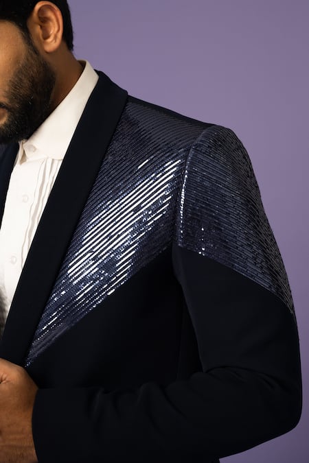 Buy_Yoseba_Blue Cotton, Polyester Embroidery Metallic Stripe Blazer With Pant _Online_at_Aza_Fashions