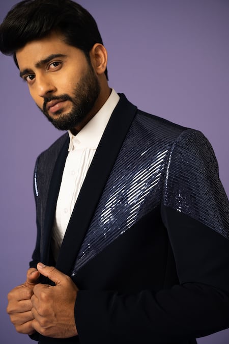 Shop_Yoseba_Blue Cotton, Polyester Embroidery Metallic Stripe Blazer With Pant _Online_at_Aza_Fashions