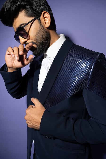 Yoseba_Blue Cotton, Polyester Embroidery Metallic Stripe Blazer With Pant _at_Aza_Fashions