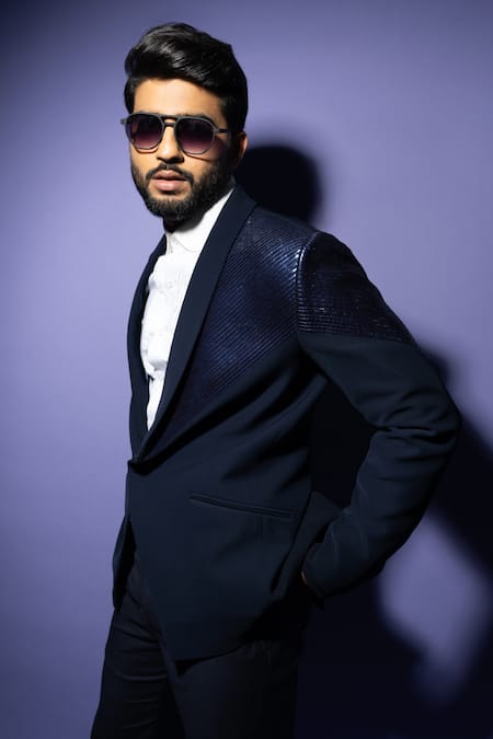 Buy_Yoseba_Blue Cotton, Polyester Embroidery Metallic Stripe Blazer With Pant 