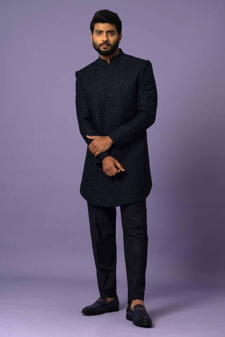 Yoseba Blue Wool Embroidery Hexagonal Cutdana Achkan With Pant Online at Aza Fashions Yoseba_Blue Wool Embroidery Hexagonal Cutdana Achkan With Pant _Online_at_Aza_Fashions