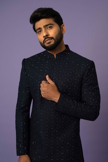 Shop Yoseba Blue Wool Embroidery Hexagonal Cutdana Achkan With Pant Online at Aza Fashions Shop_Yoseba_Blue Wool Embroidery Hexagonal Cutdana Achkan With Pant _Online_at_Aza_Fashions