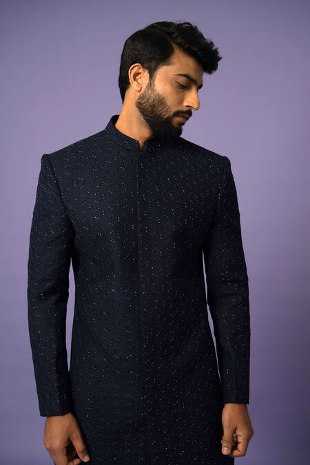 Yoseba Blue Wool Embroidery Hexagonal Cutdana Achkan With Pant at Aza Fashions Yoseba_Blue Wool Embroidery Hexagonal Cutdana Achkan With Pant _at_Aza_Fashions